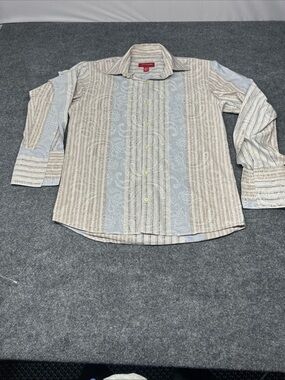 Men's Striped Paisley Button-Up Shirt in Beige and Light Blue